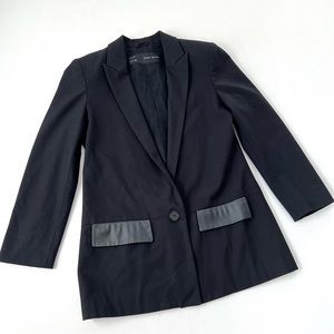 ZARA • Black Blazer Faux Leather Pockets
